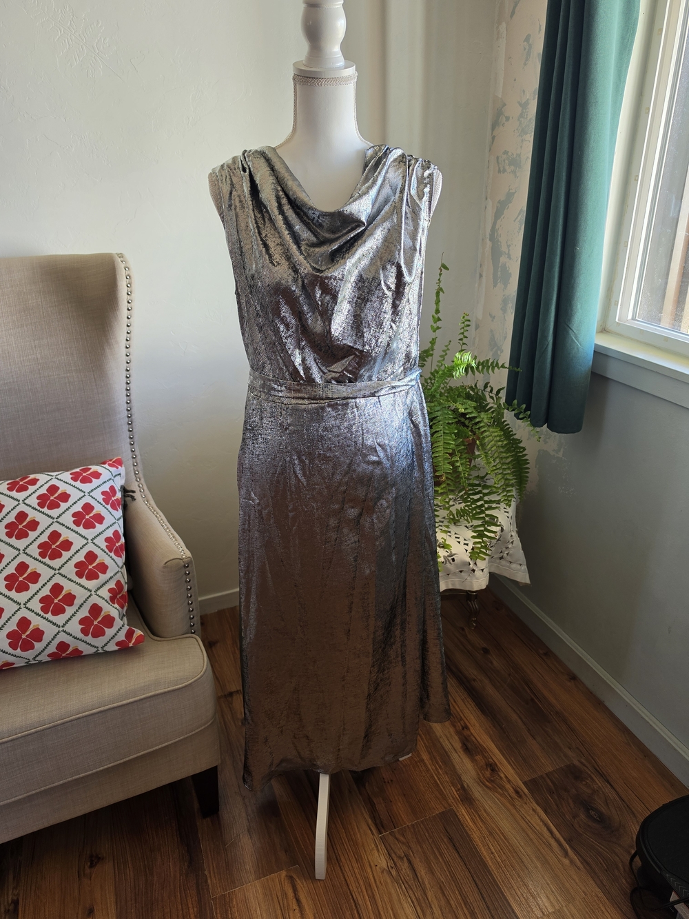 Metallic Silver Cowl Neck Sleeveless Dress NWT